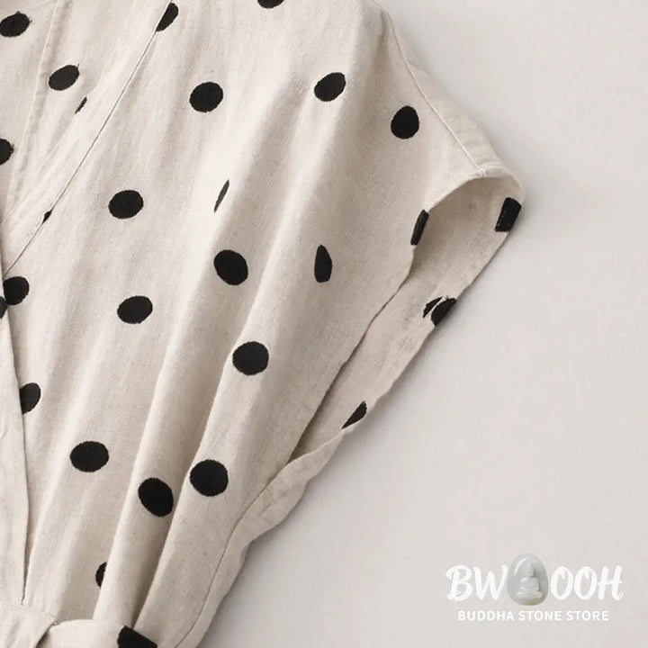 Buddha Stones Polka Dot V-Neck Lace-up Cotton Linen Women’s Midi Dress With Pockets - Midi Dress