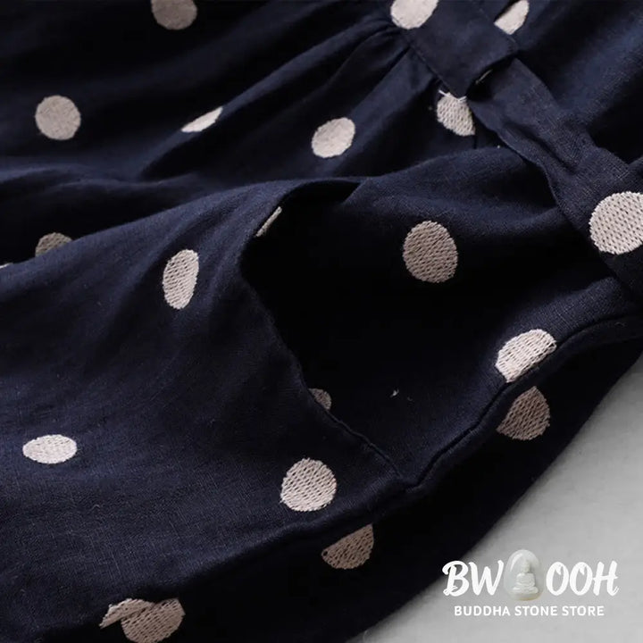 Buddha Stones Polka Dot V-Neck Lace-up Cotton Linen Women’s Midi Dress With Pockets - Midi Dress