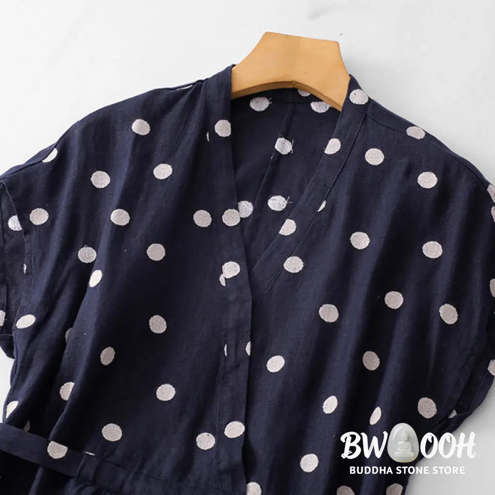Buddha Stones Polka Dot V-Neck Lace-up Cotton Linen Women’s Midi Dress With Pockets - Midi Dress