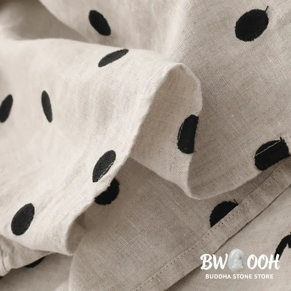 Buddha Stones Polka Dot V-Neck Lace-up Cotton Linen Women’s Midi Dress With Pockets - Midi Dress