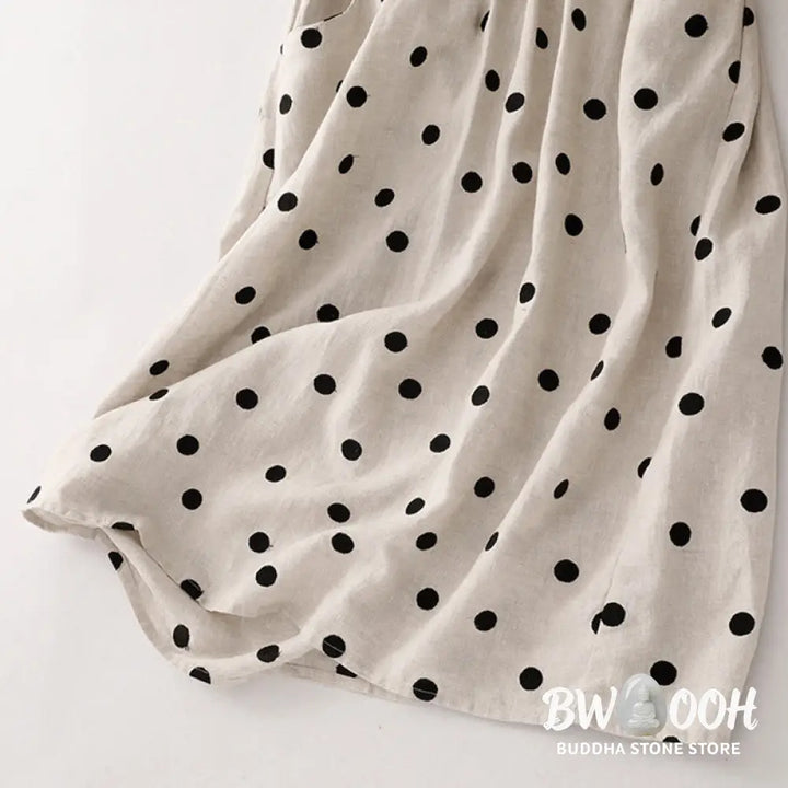 Buddha Stones Polka Dot V-Neck Lace-up Cotton Linen Women’s Midi Dress With Pockets - Midi Dress