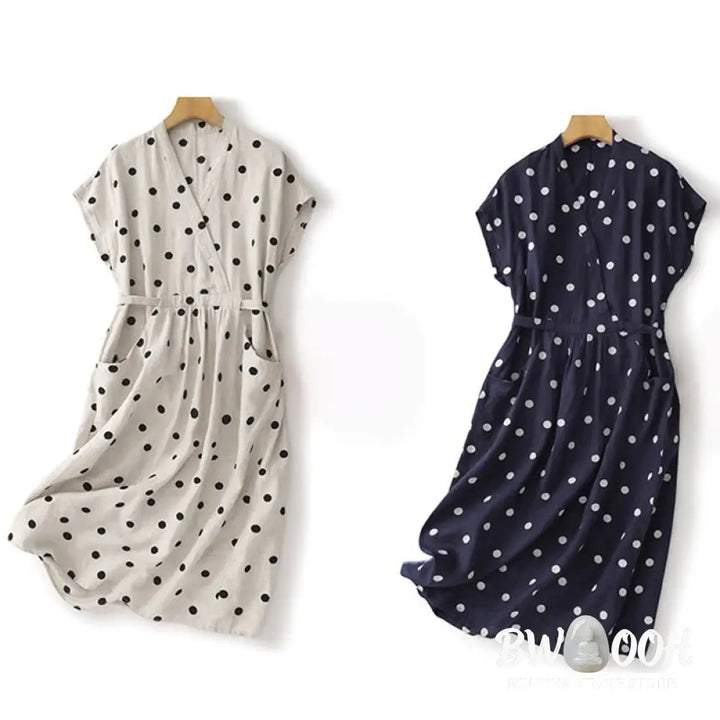 Buddha Stones Polka Dot V-Neck Lace-up Cotton Linen Women’s Midi Dress With Pockets - Midi Dress