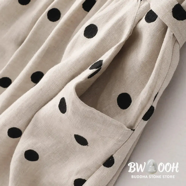 Buddha Stones Polka Dot V-Neck Lace-up Cotton Linen Women’s Midi Dress With Pockets - Midi Dress