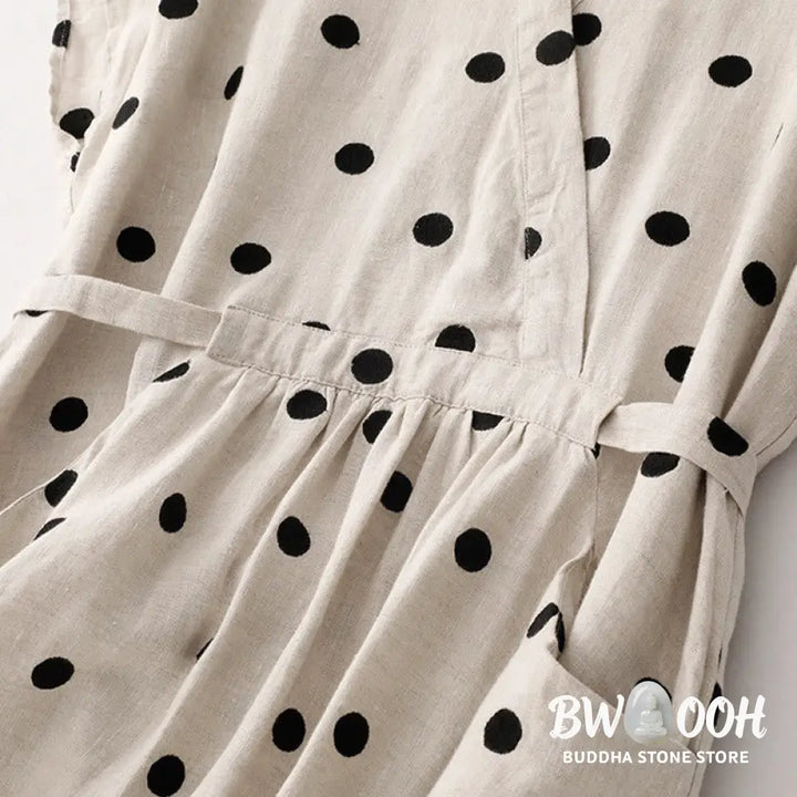 Buddha Stones Polka Dot V-Neck Lace-up Cotton Linen Women’s Midi Dress With Pockets - Midi Dress