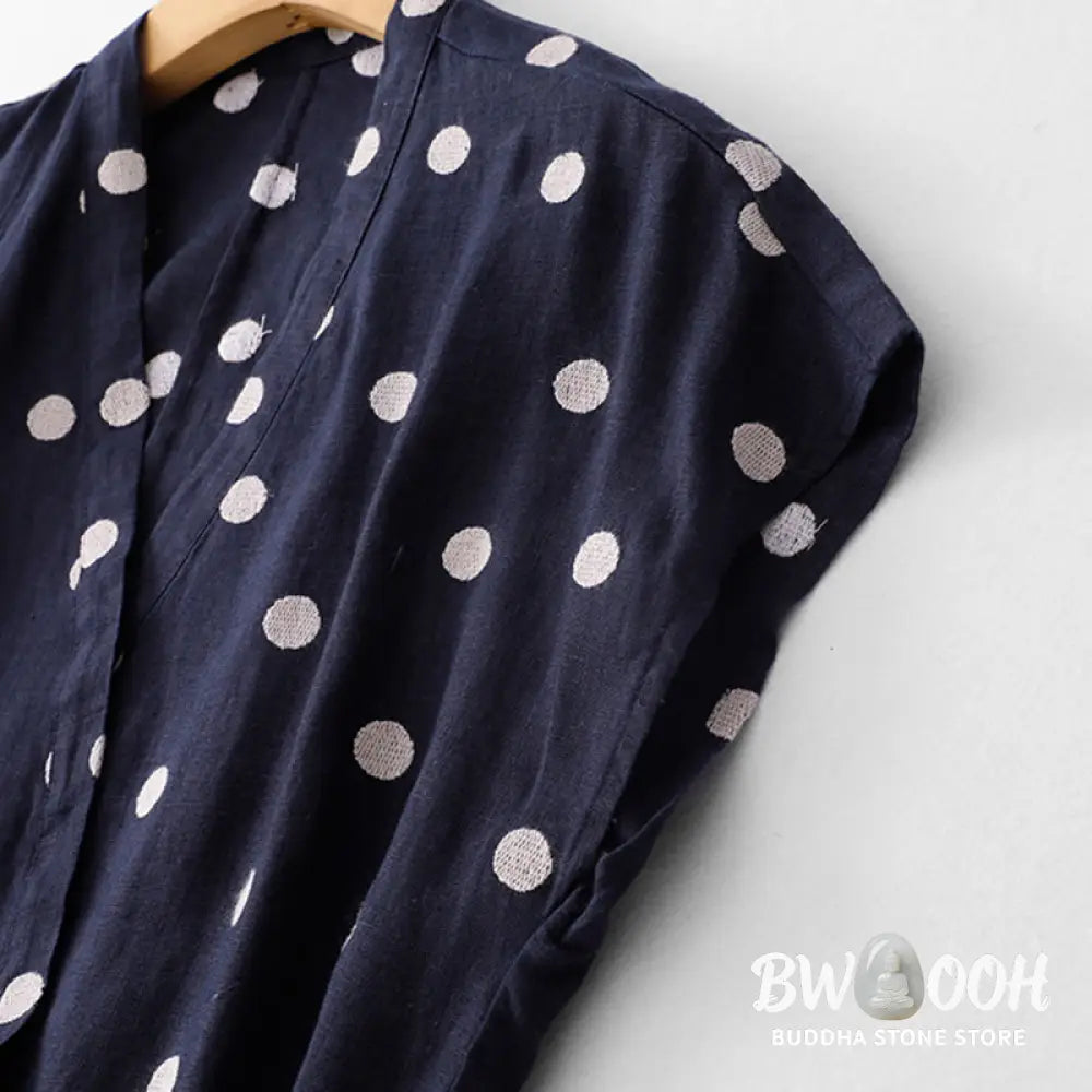 Buddha Stones Polka Dot V-Neck Lace-up Cotton Linen Women’s Midi Dress With Pockets - Midi Dress