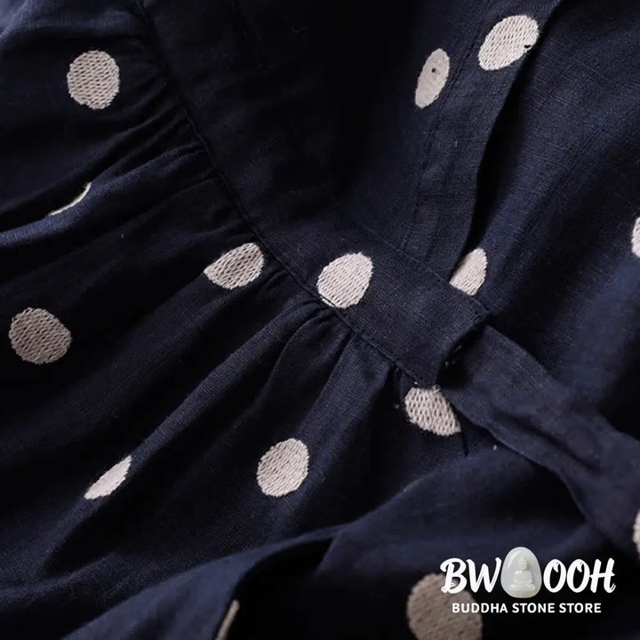 Buddha Stones Polka Dot V-Neck Lace-up Cotton Linen Women’s Midi Dress With Pockets - Midi Dress