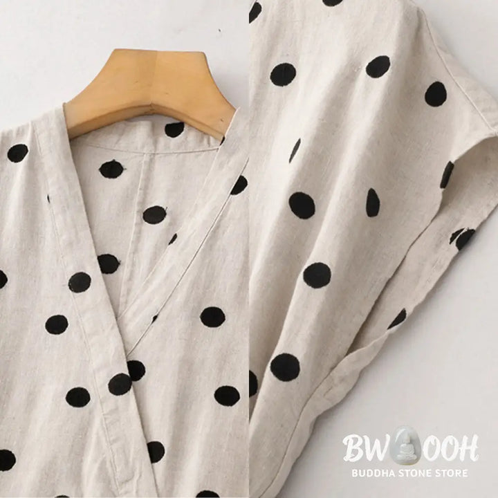 Buddha Stones Polka Dot V-Neck Lace-up Cotton Linen Women’s Midi Dress With Pockets - Midi Dress