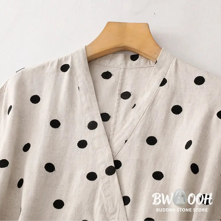 Buddha Stones Polka Dot V-Neck Lace-up Cotton Linen Women’s Midi Dress With Pockets - Midi Dress