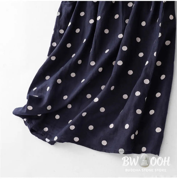 Buddha Stones Polka Dot V-Neck Lace-up Cotton Linen Women’s Midi Dress With Pockets - Midi Dress