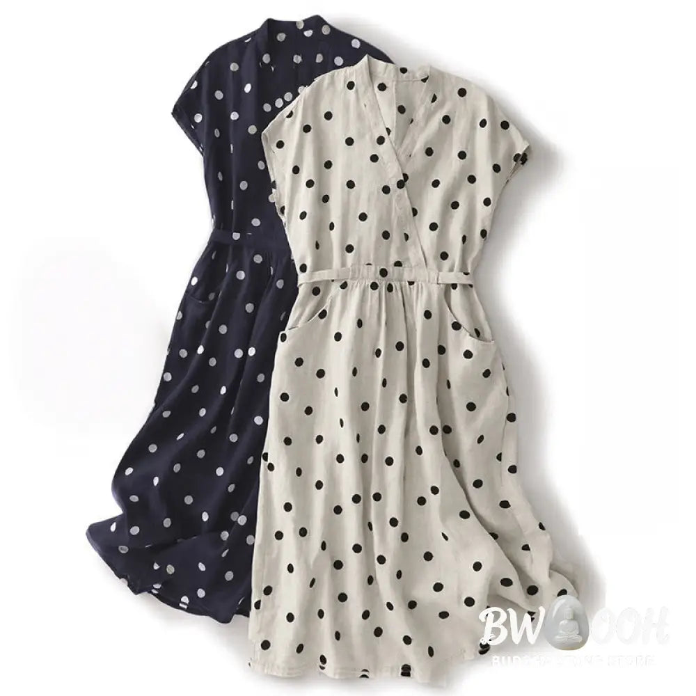 Buddha Stones Polka Dot V-Neck Lace-up Cotton Linen Women’s Midi Dress With Pockets - Midi Dress