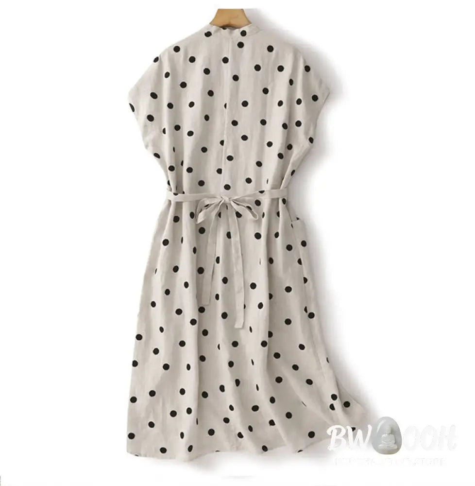 Buddha Stones Polka Dot V-Neck Lace-up Cotton Linen Women’s Midi Dress With Pockets - Midi Dress