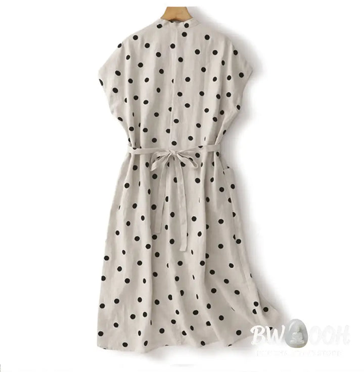 Buddha Stones Polka Dot V-Neck Lace-up Cotton Linen Women’s Midi Dress With Pockets - Midi Dress