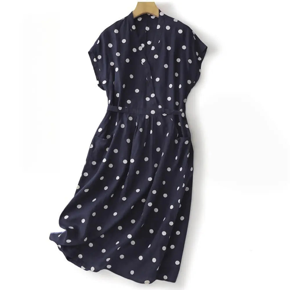BWOOOH Polka Dot V-Neck Lace-up Cotton Linen Women&