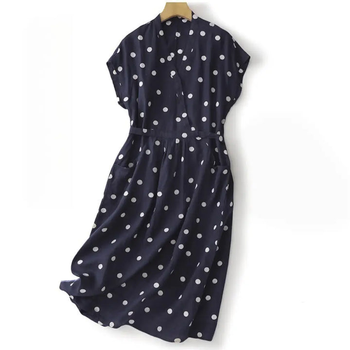 BWOOOH Polka Dot V-Neck Lace-up Cotton Linen Women&