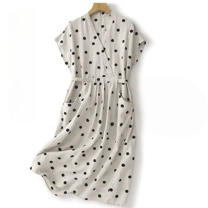 Buddha Stones Polka Dot V-Neck Lace-up Cotton Linen Women’s Midi Dress With Pockets - White / US4，UK/AU8，EU36 (L)