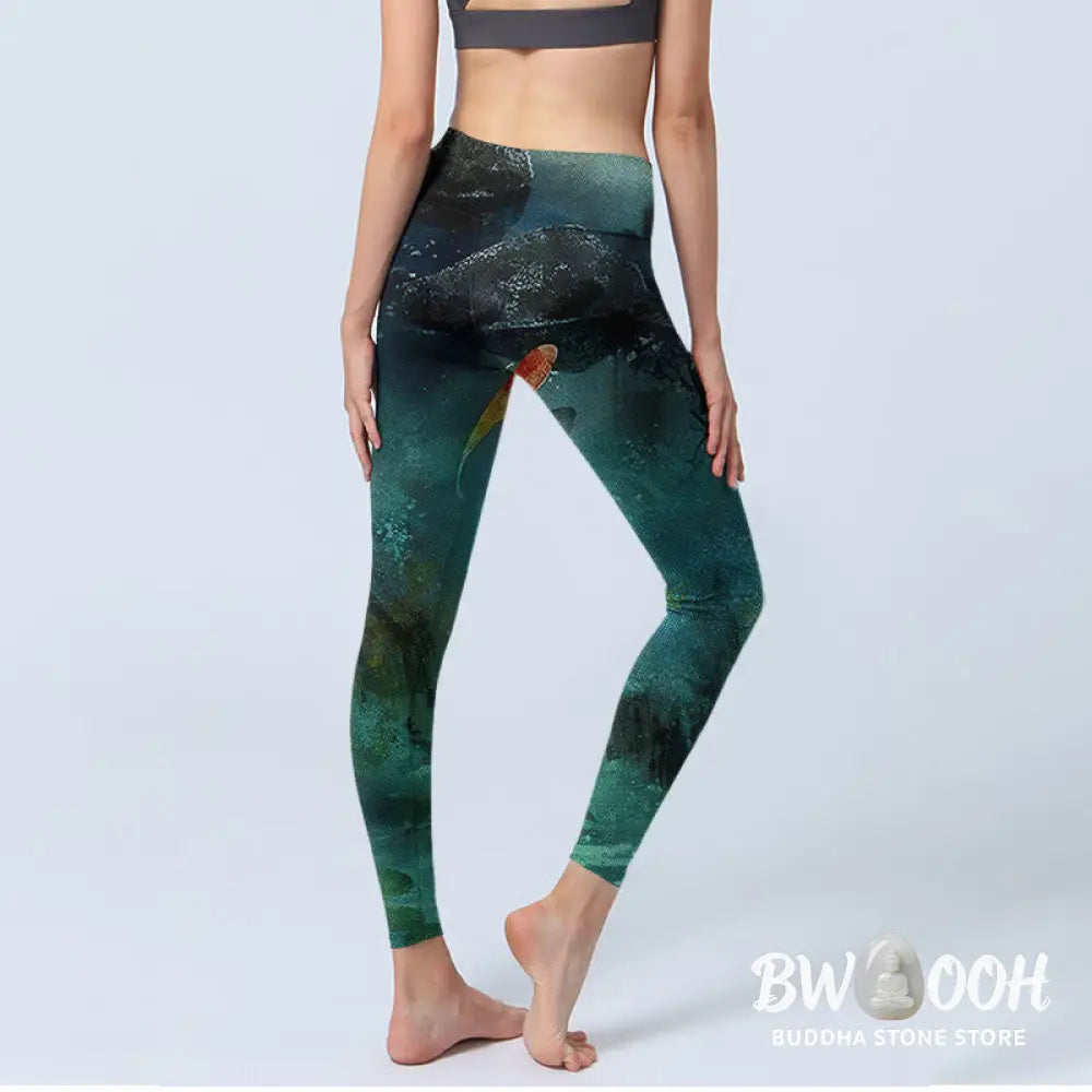 BWOOOH koi fish print yoga leggings - Pond Koi Fish Rocks Print Sports Legging