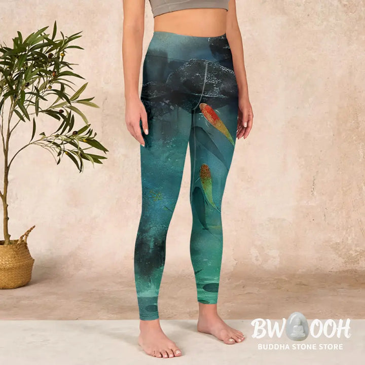 BWOOOH koi fish print yoga leggings - Pond Koi Fish Rocks Print Sports Legging