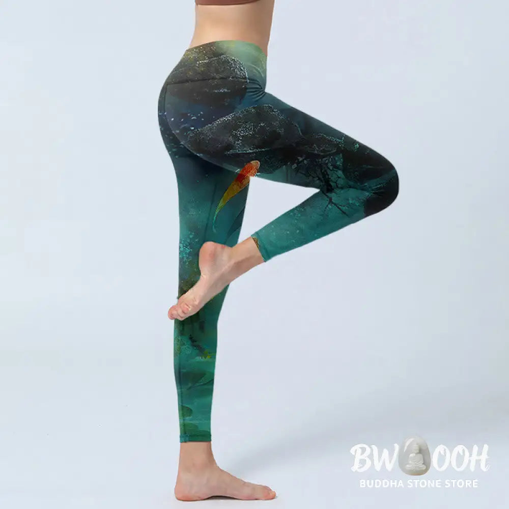 BWOOOH koi fish print yoga leggings - Pond Koi Fish Rocks Print Sports Legging