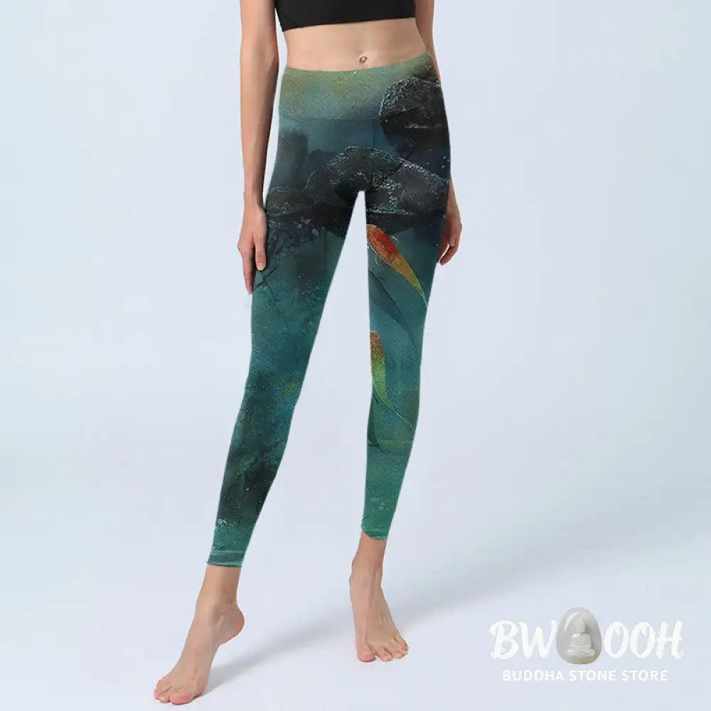 BWOOOH koi fish print yoga leggings - Pond Koi Fish Rocks Print Sports Legging