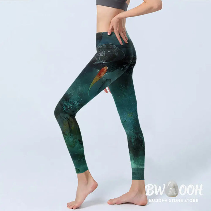 BWOOOH koi fish print yoga leggings - Pond Koi Fish Rocks Print Sports Legging