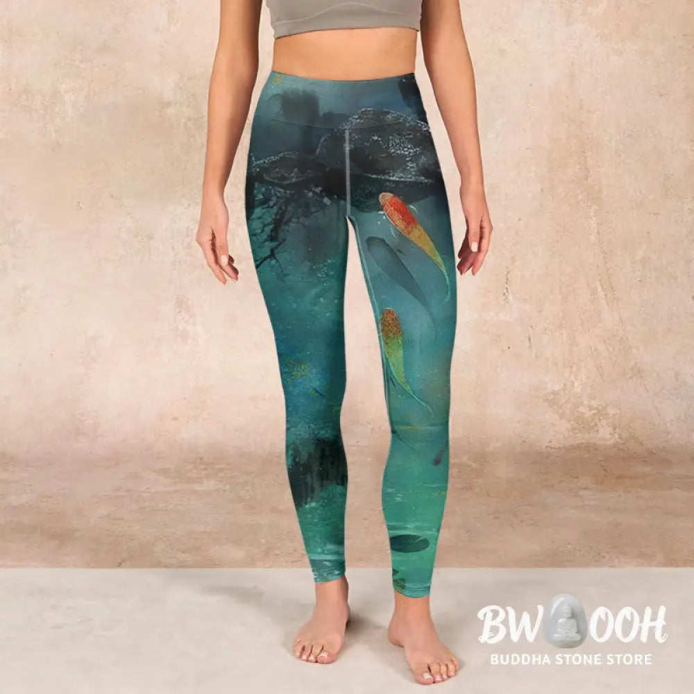 BWOOOH koi fish print yoga leggings - Pond Koi Fish Rocks Print Sports Legging