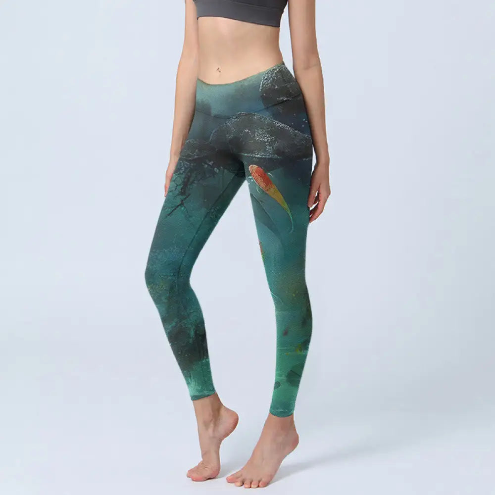 BWOOOH koi fish print yoga leggings - Pond Koi Fish Rocks Print Sports Legging