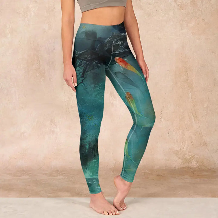 BWOOOH koi fish print yoga leggings - Pond Koi Fish Rocks Print Sports Legging