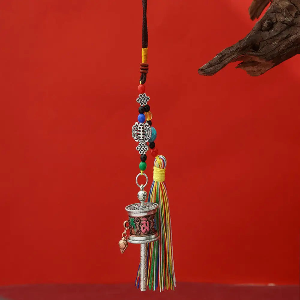 Buddha Stones Prayer Wheel Om Mani Padme Hum Colorful Tassels Purity Key Chain - Antique Red Copper - Necklaces &amp;