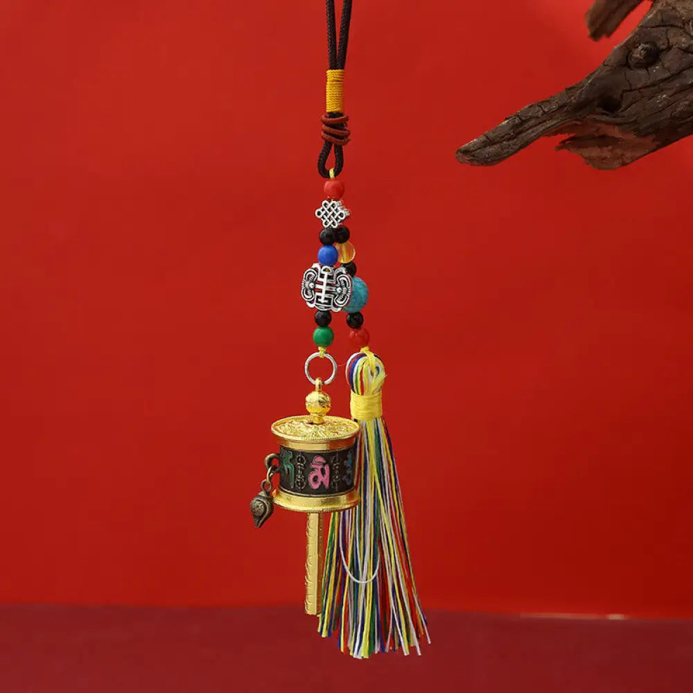 Buddha Stones Prayer Wheel Om Mani Padme Hum Colorful Tassels Purity Key Chain - Black Antique Bronze - Necklaces &amp;