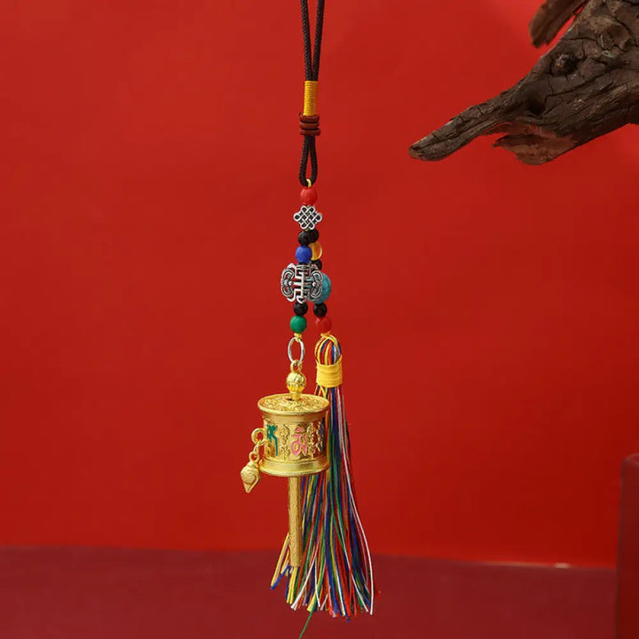 Buddha Stones Prayer Wheel Om Mani Padme Hum Colorful Tassels Purity Key Chain - Full Gold - Necklaces &amp; Pendants