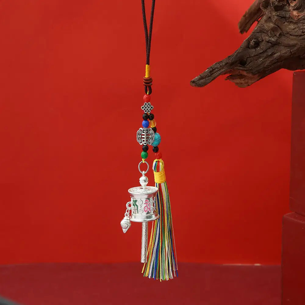 Buddha Stones Prayer Wheel Om Mani Padme Hum Colorful Tassels Purity Key Chain - Full Silver - Necklaces &amp; Pendants