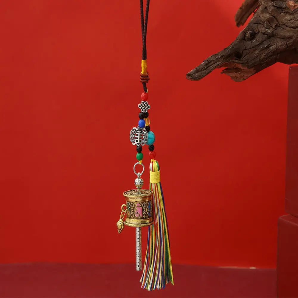 Buddha Stones Prayer Wheel Om Mani Padme Hum Colorful Tassels Purity Key Chain - Light Antique Gold - Necklaces &amp;