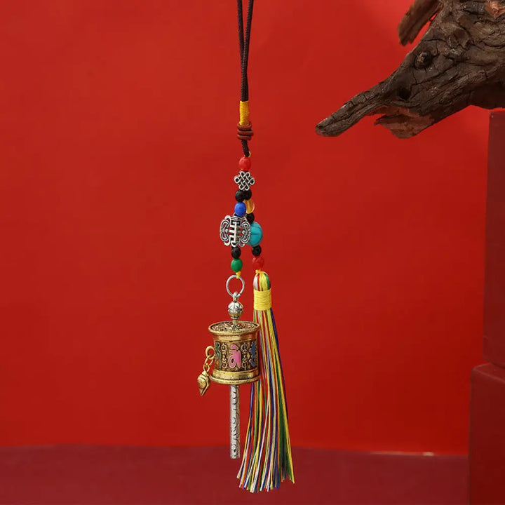 Buddha Stones Prayer Wheel Om Mani Padme Hum Colorful Tassels Purity Key Chain - Light Antique Gold - Necklaces &amp;