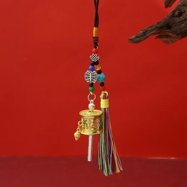 Buddha Stones Prayer Wheel Om Mani Padme Hum Colorful Tassels Purity Key Chain - Light Gold - Necklaces &amp; Pendants