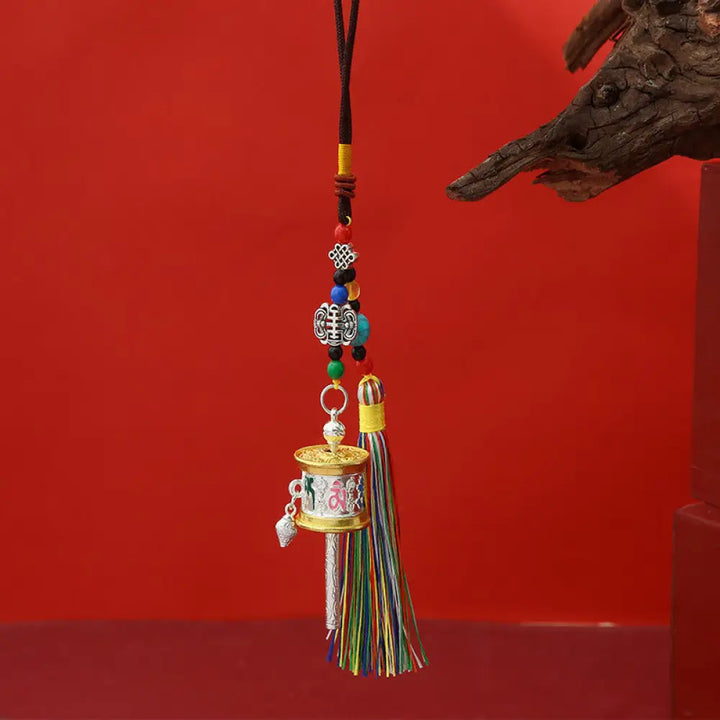 Buddha Stones Prayer Wheel Om Mani Padme Hum Colorful Tassels Purity Key Chain - Medium Silver - Necklaces &amp; Pendants