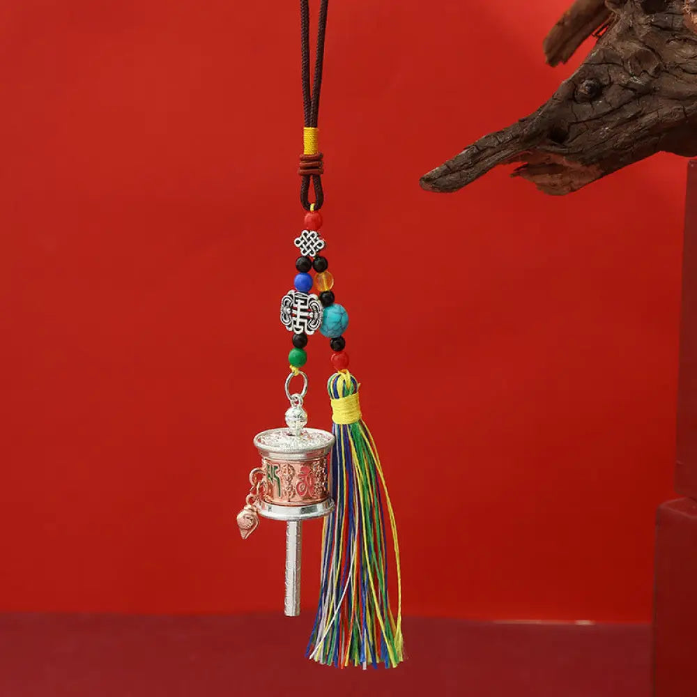 Buddha Stones Prayer Wheel Om Mani Padme Hum Colorful Tassels Purity Key Chain - Red Copper - Necklaces &amp; Pendants