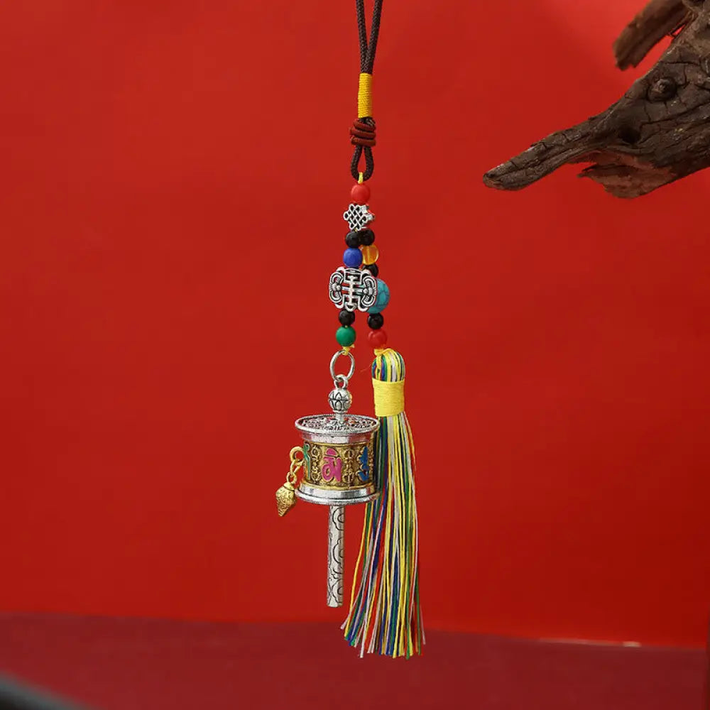 Buddha Stones Prayer Wheel Om Mani Padme Hum Colorful Tassels Purity Key Chain - Vintage Gold - Necklaces &amp; Pendants