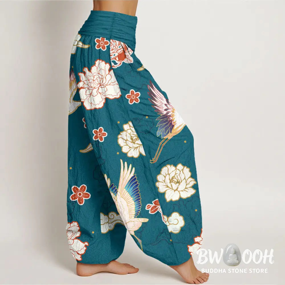 Buddha Stones Print Cranes Peonies Pattern Women’s Elastic Waist Harem Pure Cotton Pants - Women’s Harem Pants