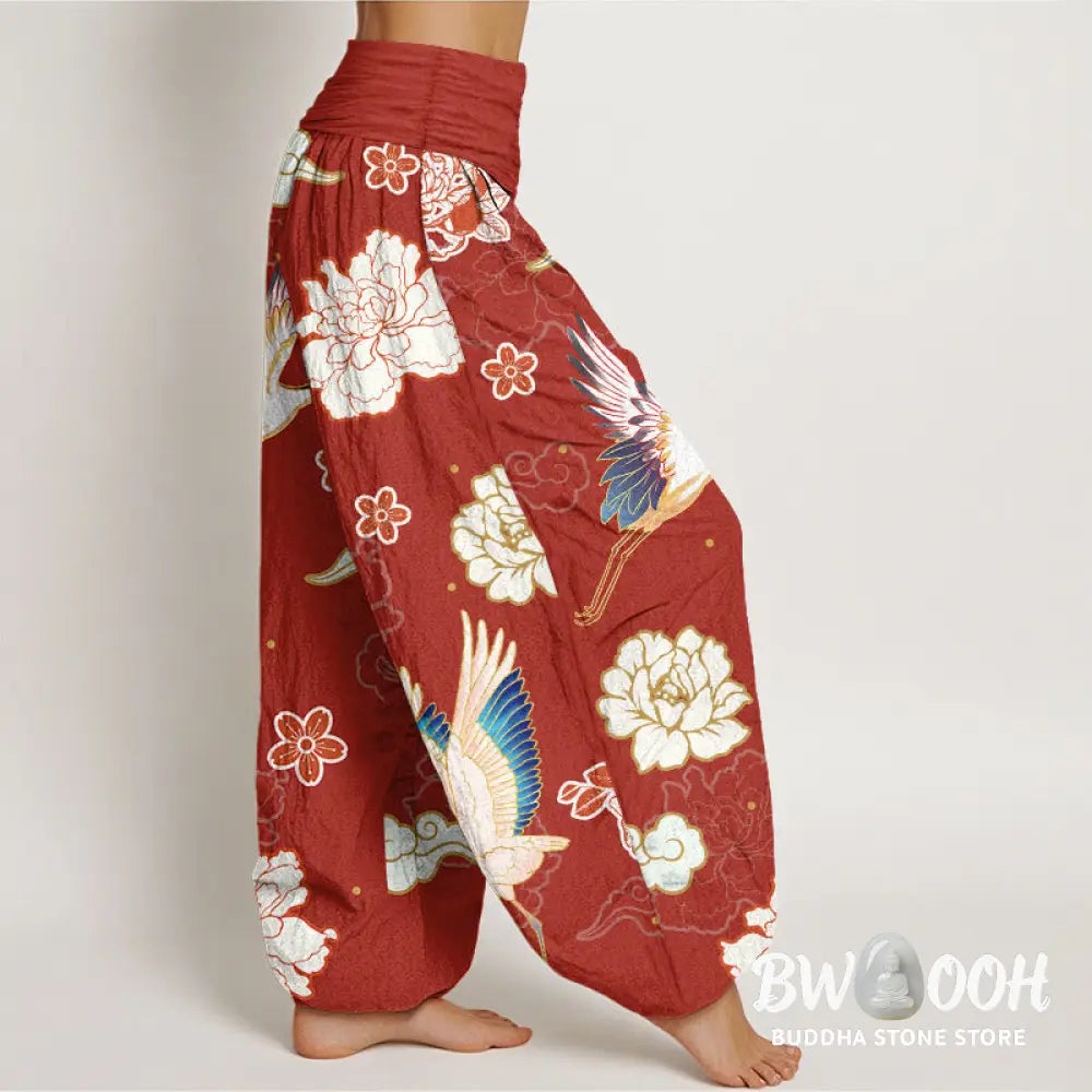 Buddha Stones Print Cranes Peonies Pattern Women’s Elastic Waist Harem Pure Cotton Pants - Women’s Harem Pants