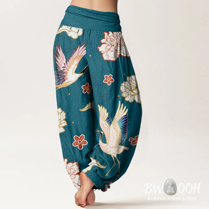 Buddha Stones Print Cranes Peonies Pattern Women’s Elastic Waist Harem Pure Cotton Pants - Women’s Harem Pants