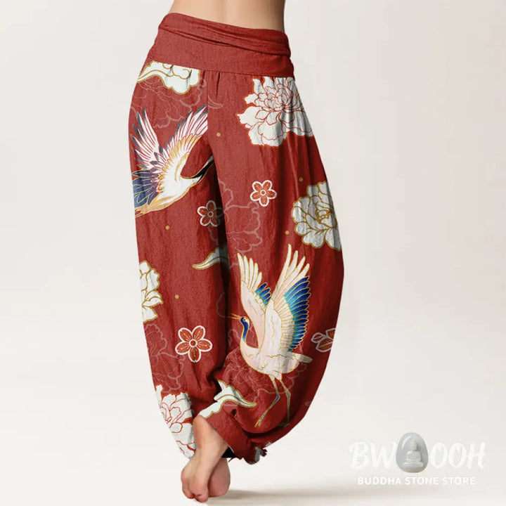Buddha Stones Print Cranes Peonies Pattern Women’s Elastic Waist Harem Pure Cotton Pants - Women’s Harem Pants