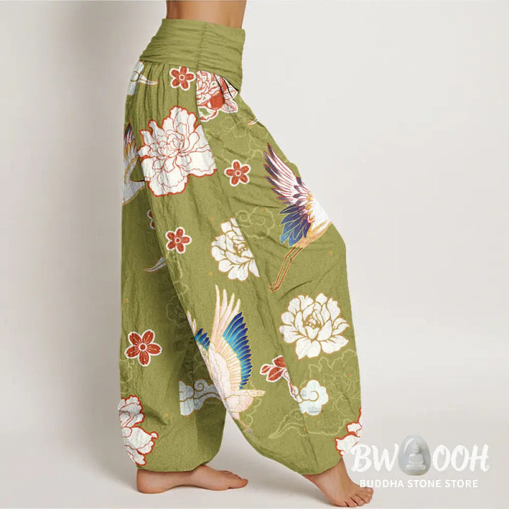 Buddha Stones Print Cranes Peonies Pattern Women’s Elastic Waist Harem Pure Cotton Pants - Women’s Harem Pants