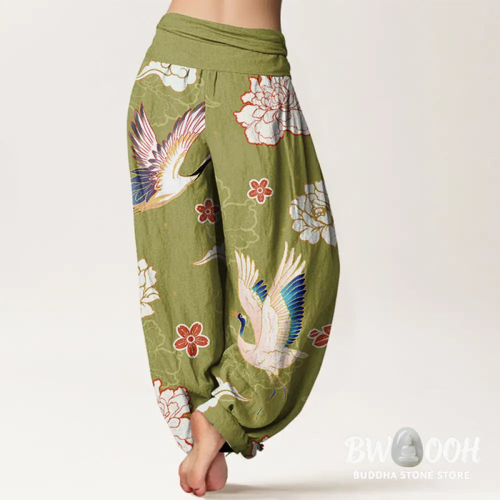 Buddha Stones Print Cranes Peonies Pattern Women’s Elastic Waist Harem Pure Cotton Pants - Women’s Harem Pants