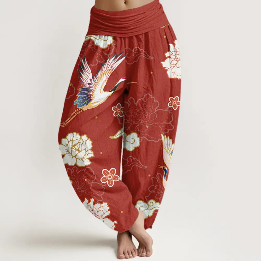 Buddha Stones Print Cranes Peonies Pattern Women’s Elastic Waist Harem Pure Cotton Pants - FireBrick / US2，UK/AU6，EU34