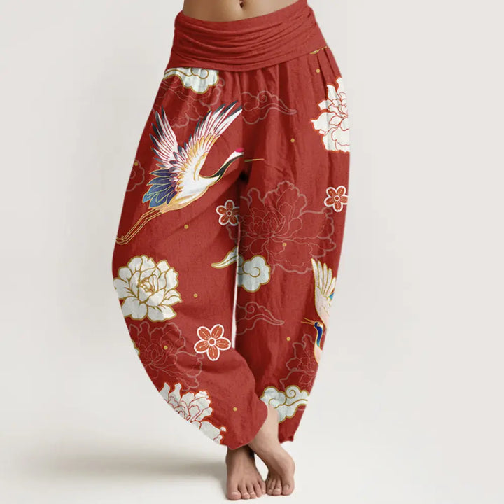 Buddha Stones Print Cranes Peonies Pattern Women’s Elastic Waist Harem Pure Cotton Pants - FireBrick / US2，UK/AU6，EU34