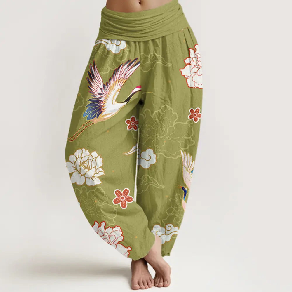 Buddha Stones Print Cranes Peonies Pattern Women’s Elastic Waist Harem Pure Cotton Pants - YellowGreen