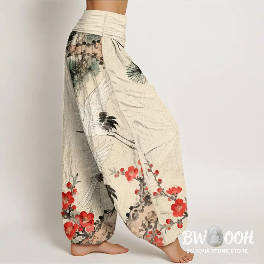 Buddha Stones Print Cranes Plum Blossoms Pattern Women’s Elastic Waist Harem Cotton Pants - Women’s Harem Pants