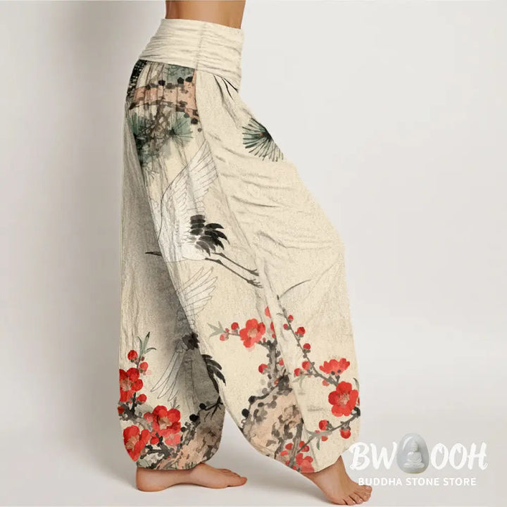 Buddha Stones Print Cranes Plum Blossoms Pattern Women’s Elastic Waist Harem Cotton Pants - Women’s Harem Pants