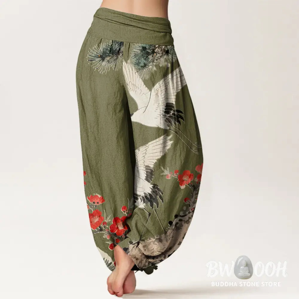 Buddha Stones Print Cranes Plum Blossoms Pattern Women’s Elastic Waist Harem Cotton Pants - Women’s Harem Pants