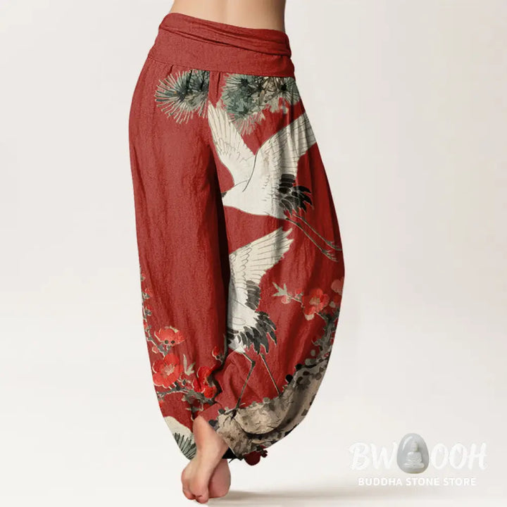 Buddha Stones Print Cranes Plum Blossoms Pattern Women’s Elastic Waist Harem Cotton Pants - Women’s Harem Pants